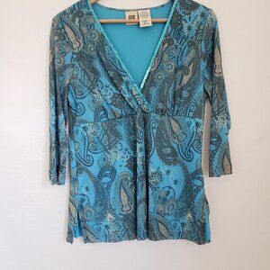 Y2K Turquoise Mesh Paisley Sequin Whimsical fairy V-Neck babydoll top L